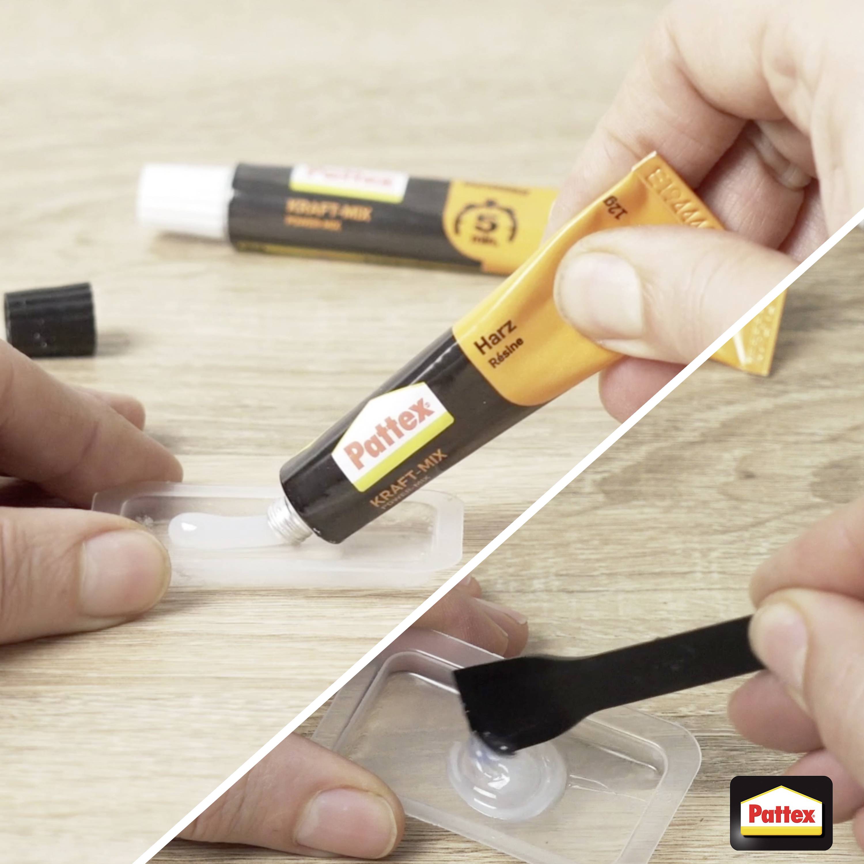 A person's hands mix glue from two tubes using a small spatula on a wooden surface. One tube is labeled 'Harz'.