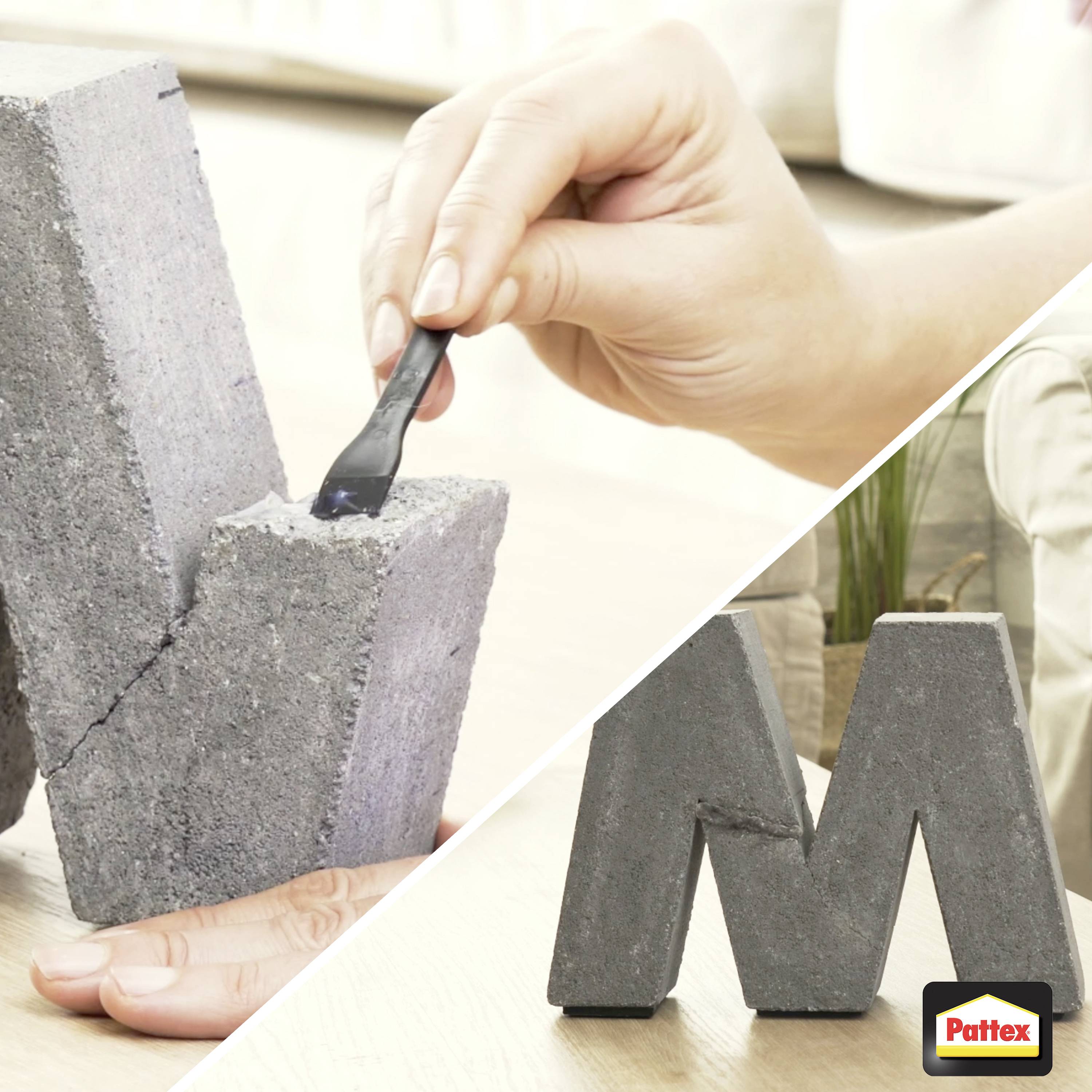 'A hand applying adhesive to a cracked concrete letter M, with another restored concrete letter M in the background.'