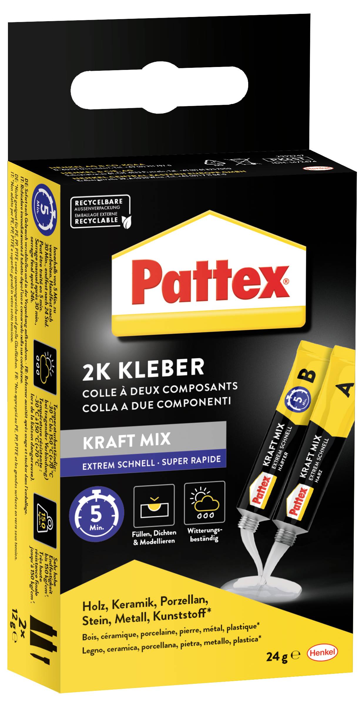 'Pattex 2K Kraft Mix Glue' package shows two-component adhesive for quick bonding, suitable for wood, metal, stone, and ceramics, 24g.