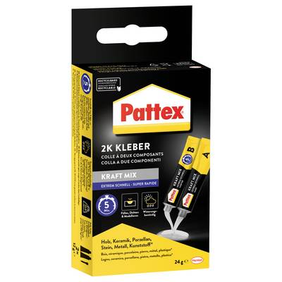 'Pattex 2K Kraft Mix Glue' package shows two-component adhesive for quick bonding, suitable for wood, metal, stone, and ceramics, 24g.