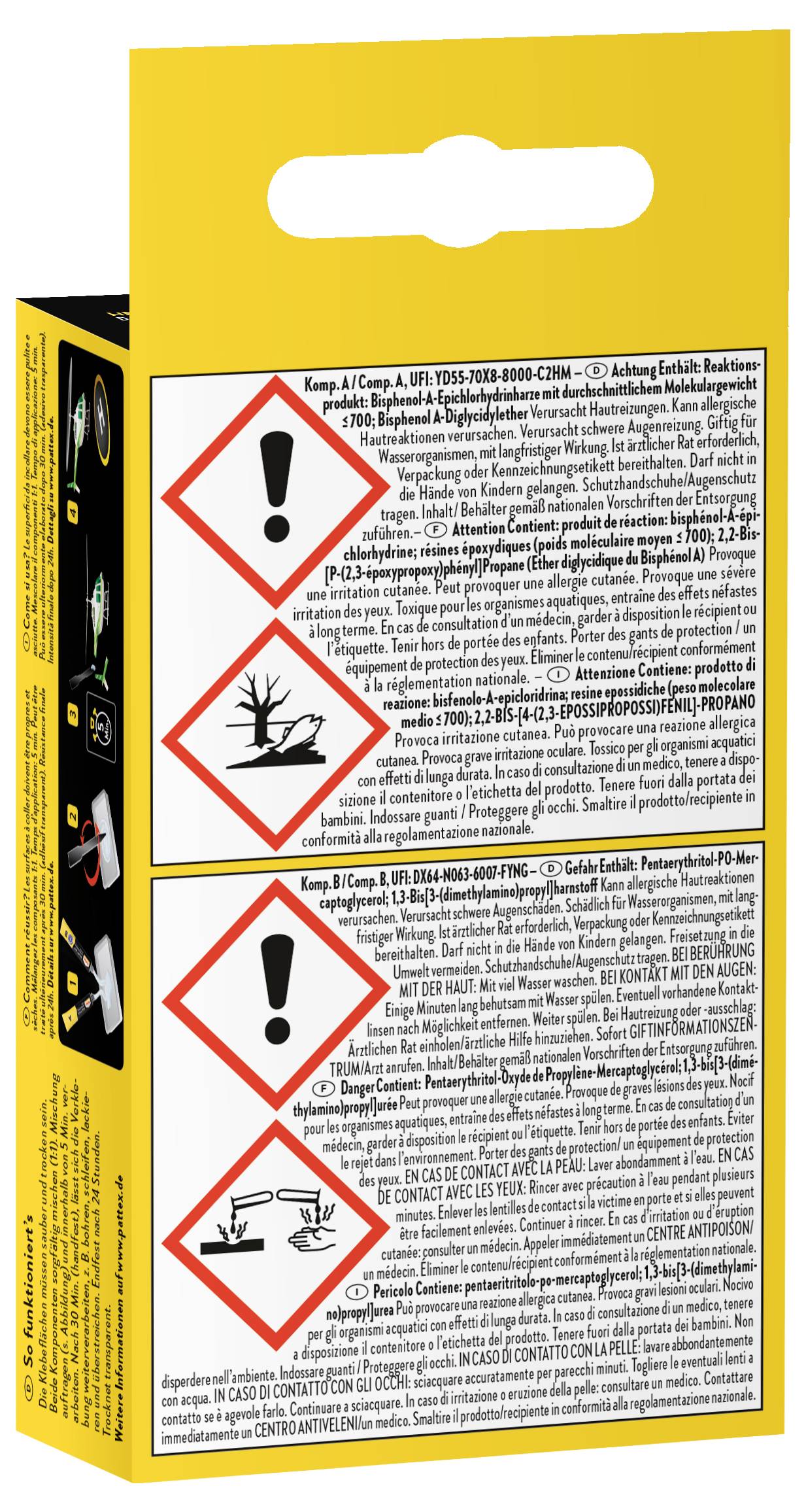 The image shows a yellow product packaging with hazard symbols and warning text indicating potential risks and safety instructions.
