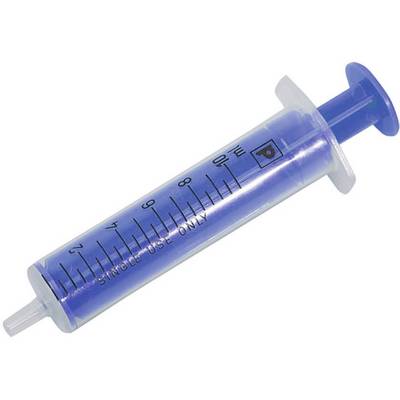 Blue plastic syringe labeled 'SINGLE USE ONLY' with measurement markings, shown diagonally on a white background.