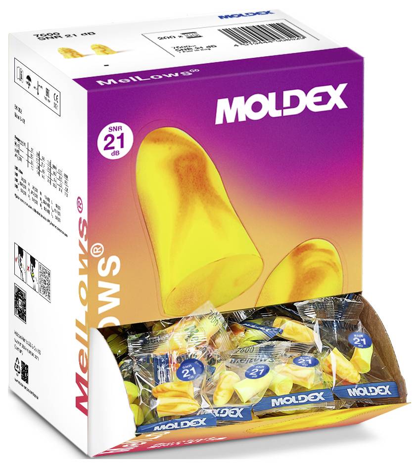 Box of 'Moldex Mellows' earplugs showing SNR 21 dB rating, with individually wrapped earplugs visible in an open carton.