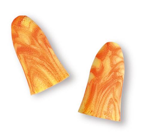 Two yellow and orange swirl patterned earplugs, appearing soft and textured, lying side by side on a white background.