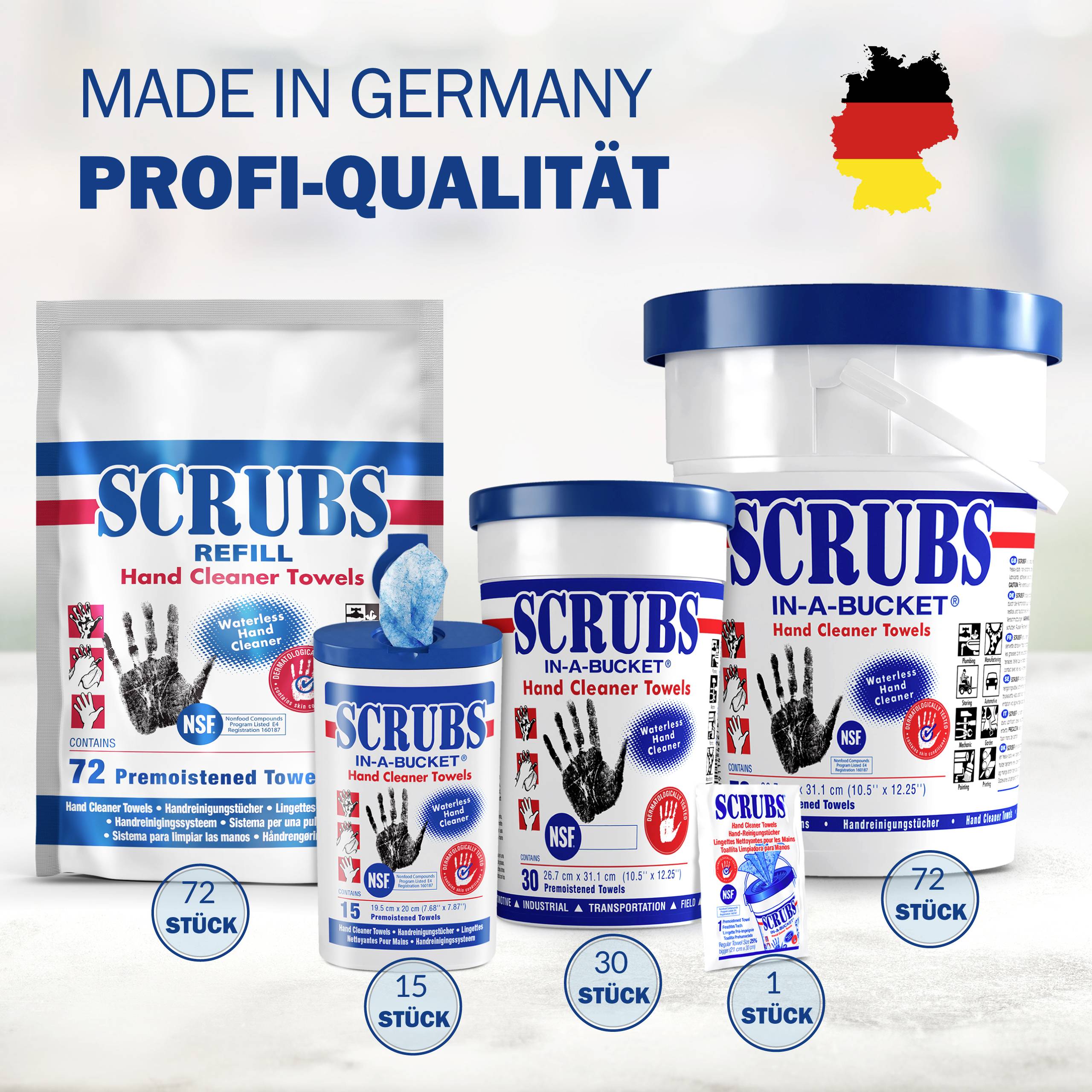 'Product photo: Hand towels by SCRUBS for hand cleaning, available in various pack sizes. Text reads 'MADE IN GERMANY' and 'PROFESSIONAL QUALITY'.'