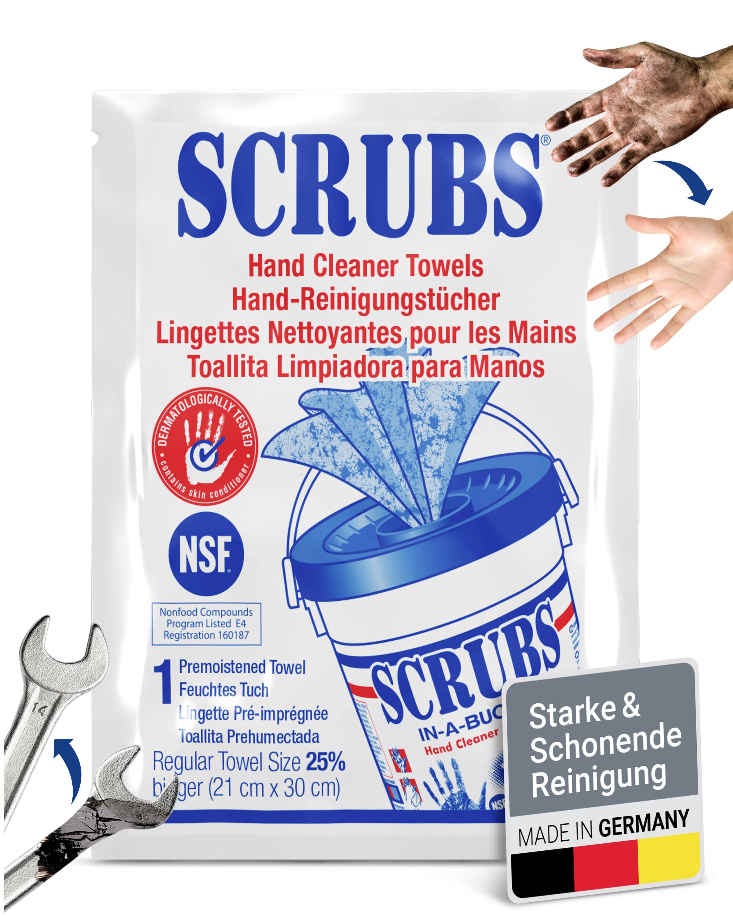 Disposable hand-cleaning wipes for thorough and gentle cleansing, manufactured in Germany. Image of keys and hands.