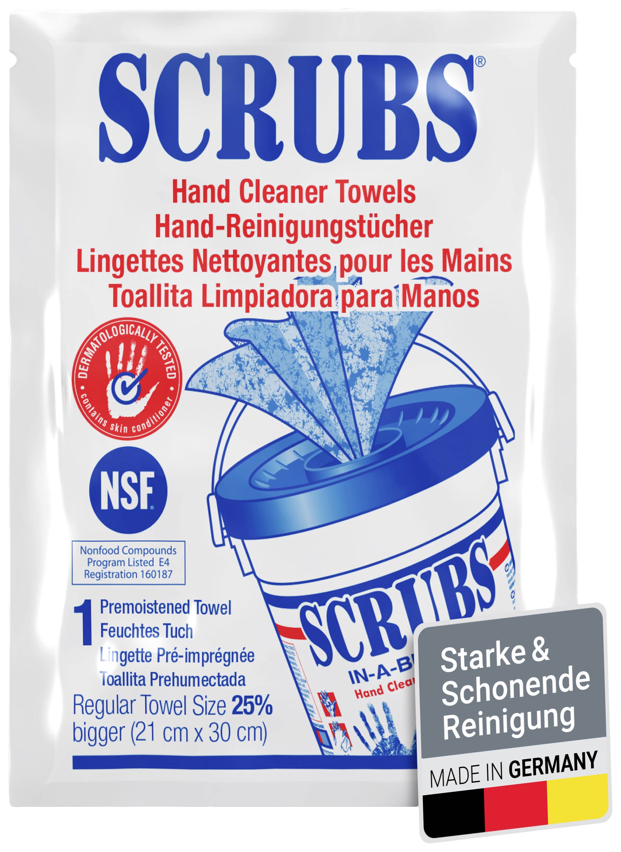 The image shows a pack of hand cleaning wipes. Label reads: 'SCRUBS Hand Cleaning Wipes'. Manufactured in Germany.