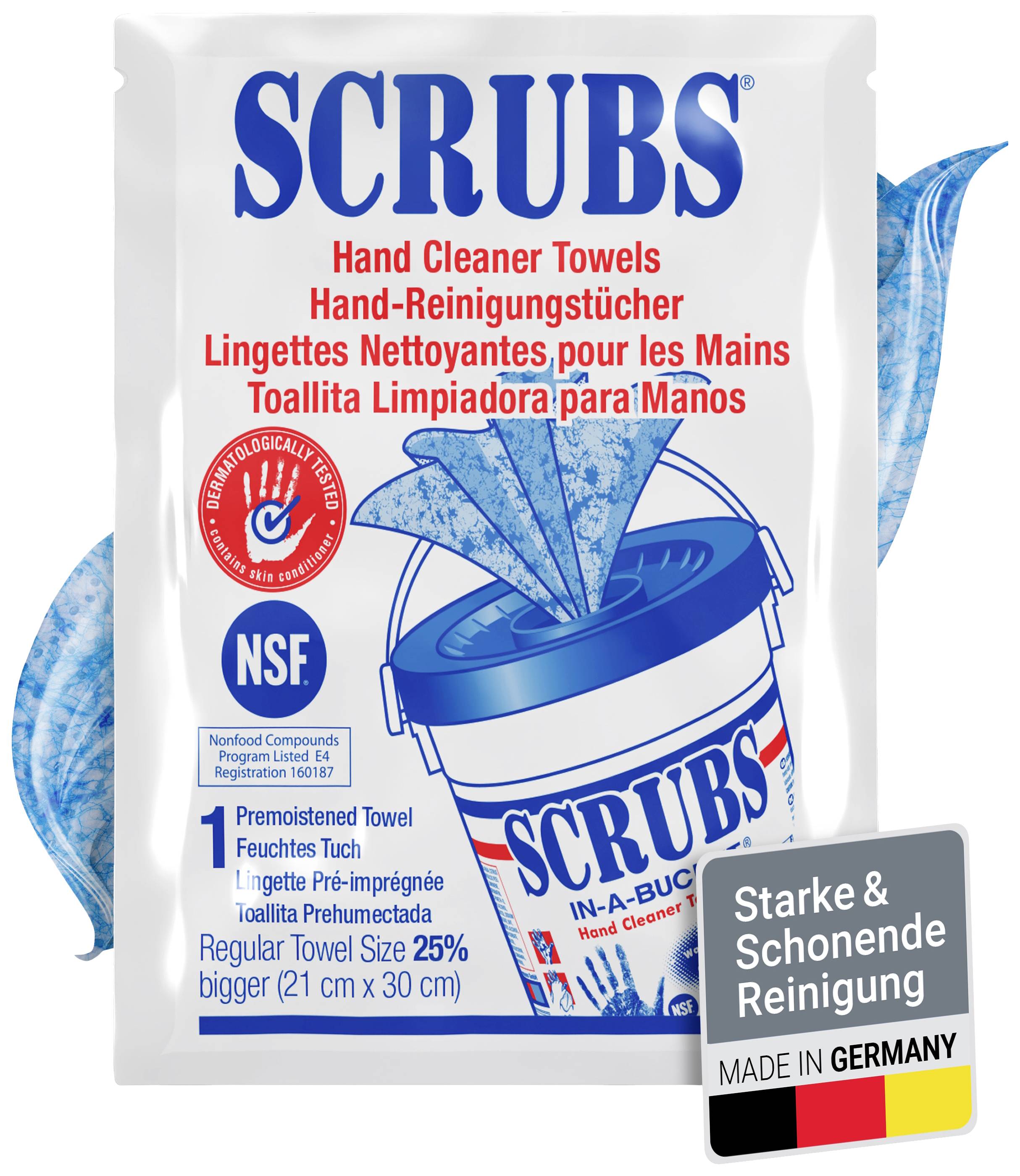 SCRUBS Hand Cleaning Wipes in a pack with a blue bucket. Product features: Exceptionally large, strong and gentle cleaning.