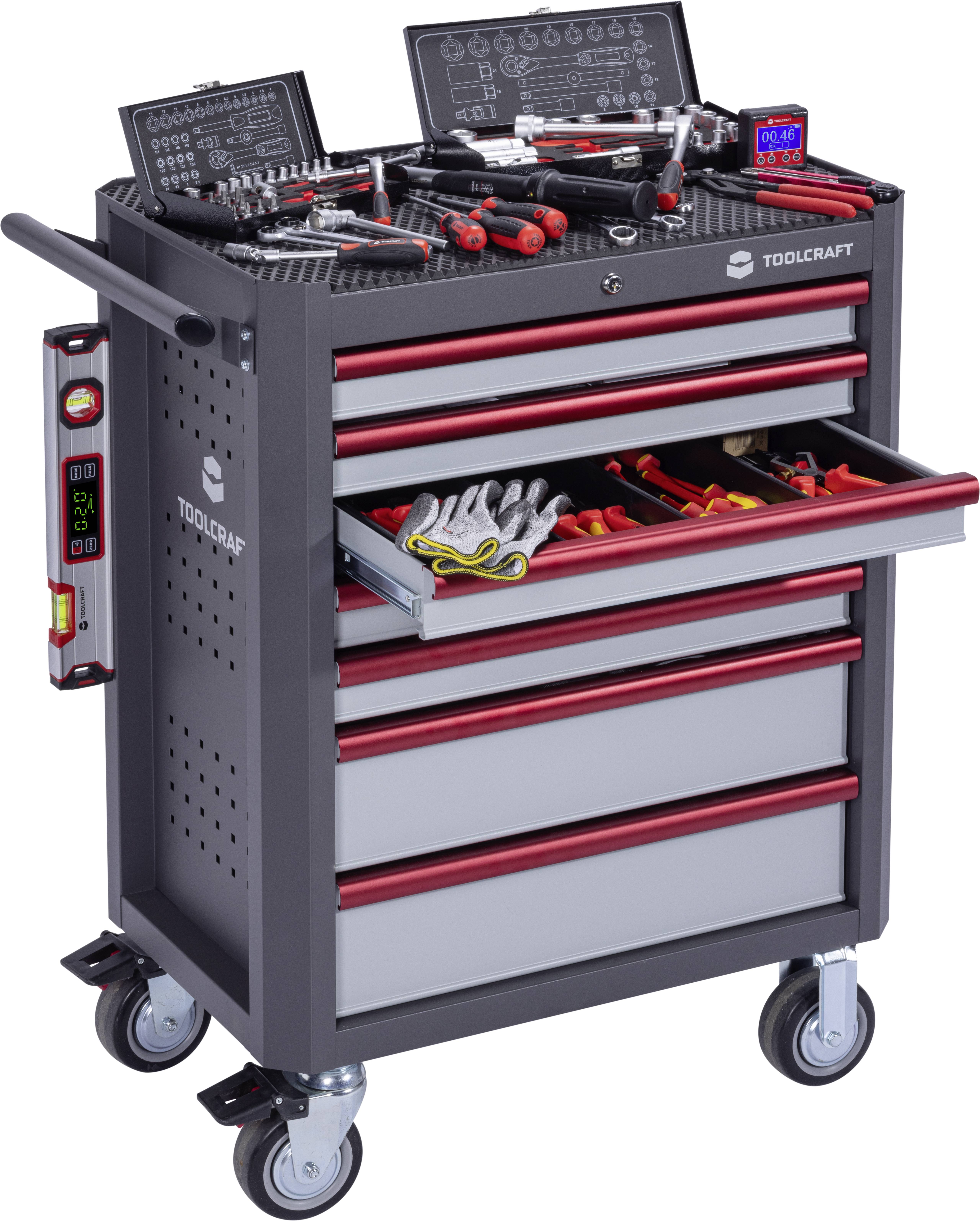 Workshop trolley with open and closed drawers, filled with various tools and accessories; mounted on wheels.
