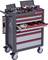 Workshop trolley with open and closed drawers, filled with various tools and accessories; mounted on wheels.