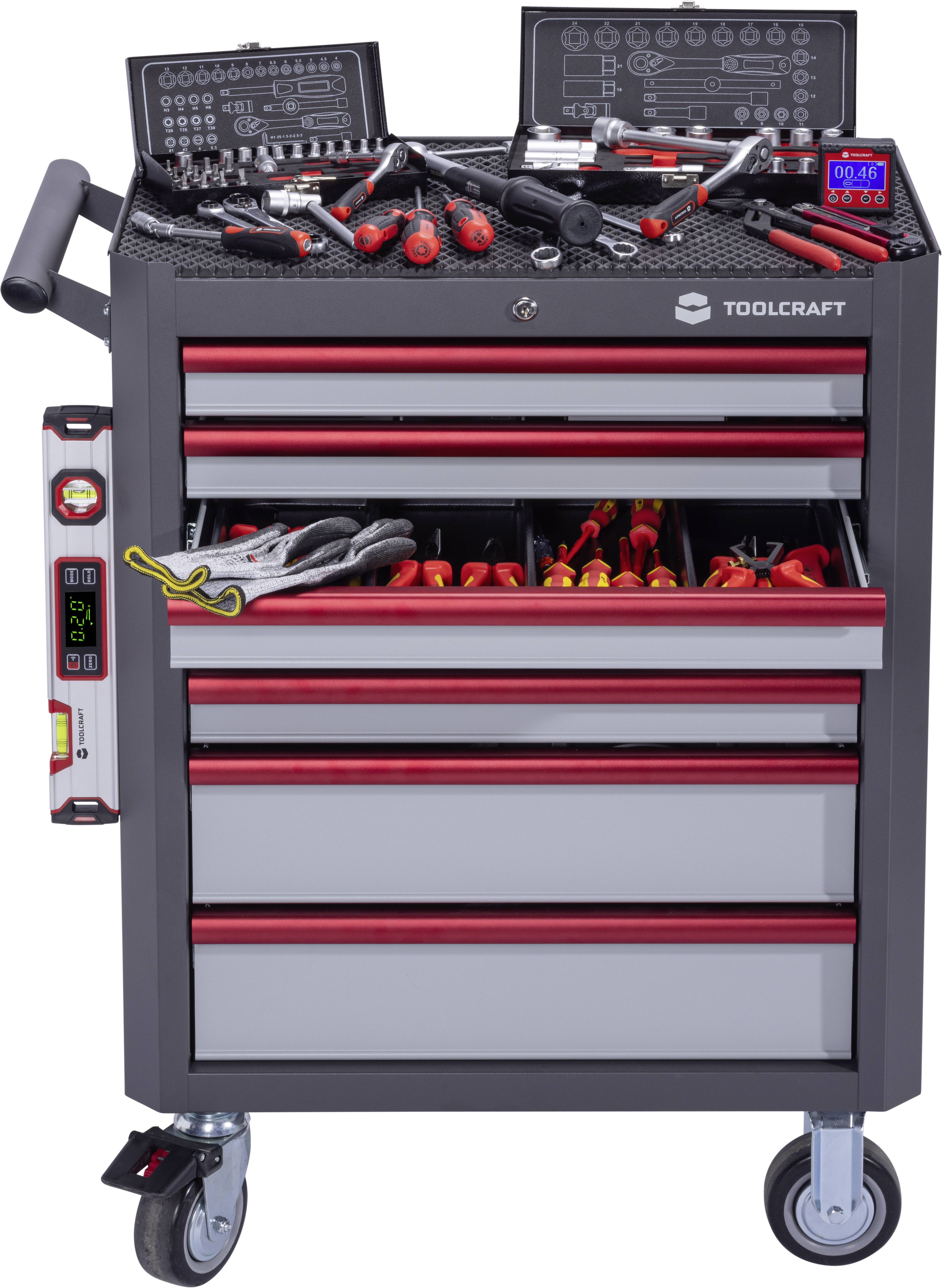 'Tool trolley with numerous compartments, filled with various hand tools such as screwdrivers and pliers, mounted on sturdy wheels.'