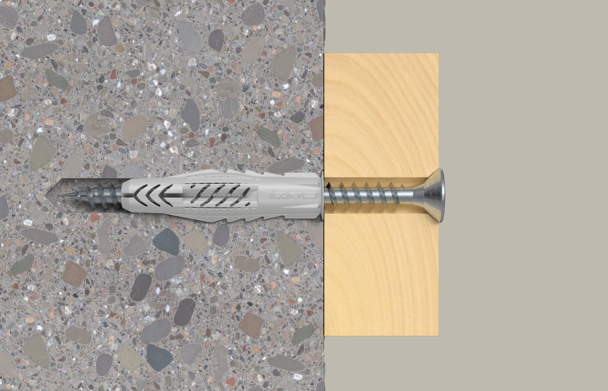 Anchor screw drilled into concrete, passing through a wood block and into the wall.