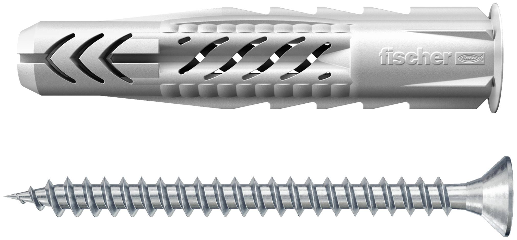 Side-by-side close-up of two metal wall fasteners: a plastic expansion plug above and a long screw below, showing how they fit together.
