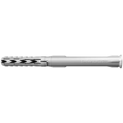 Close-up of a Fischer hollow-wall anchor, a metal wall fastener with expandable slotted body and screw tip.