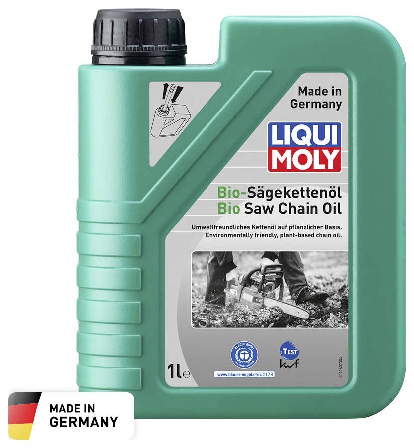 Green bottle with 'Liqui Moly' logo, inscription 'Bio Chain Saw Oil'. Environmentally friendly, plant-based. Manufactured in Germany.