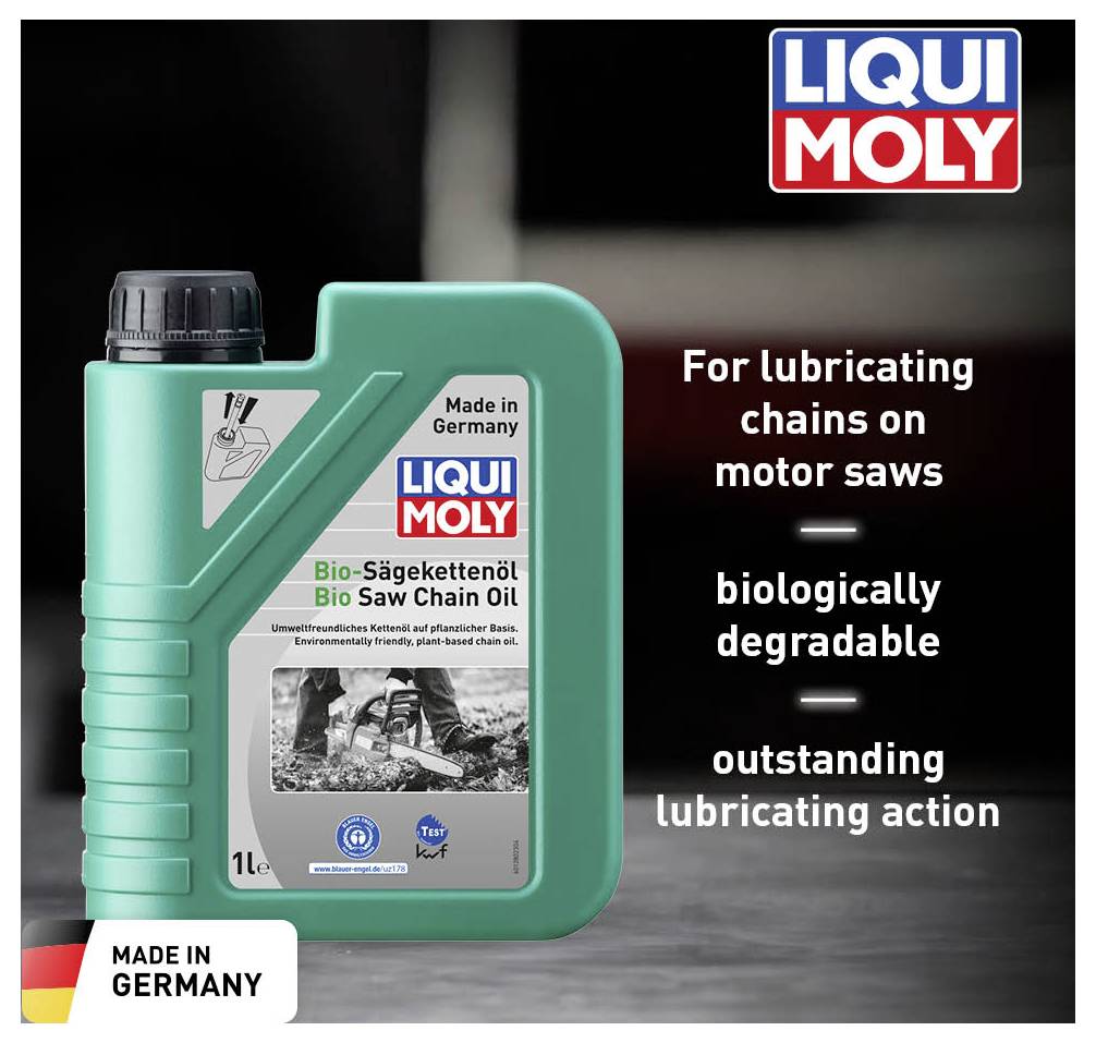 Green Liqui Moly Bio Chainsaw Chain Oil, for lubricating chainsaw chains. Biodegradable with excellent lubricating properties. Made in Germany.