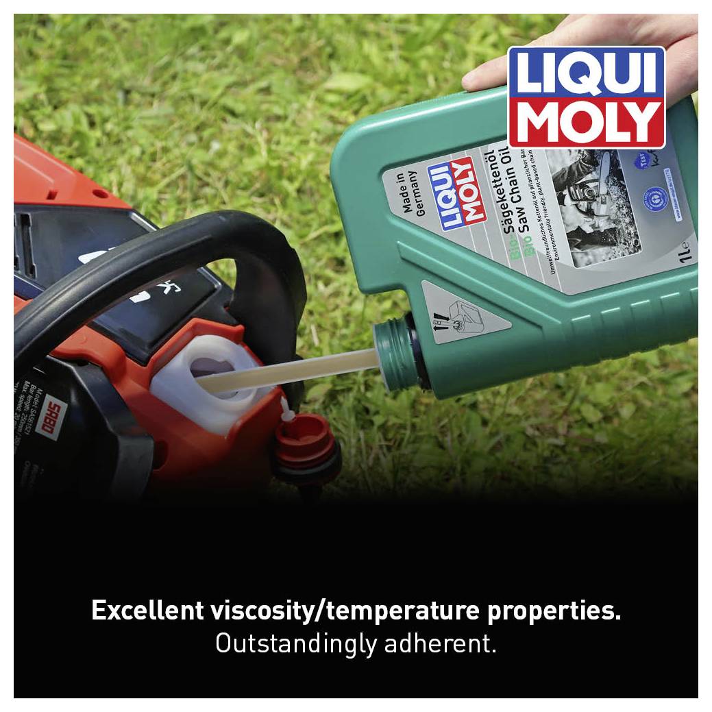 A green Liqui Moly canister is being poured into an engine. The text reads 'Good viscosity-temperature behaviour. Excellent adhesion properties.'