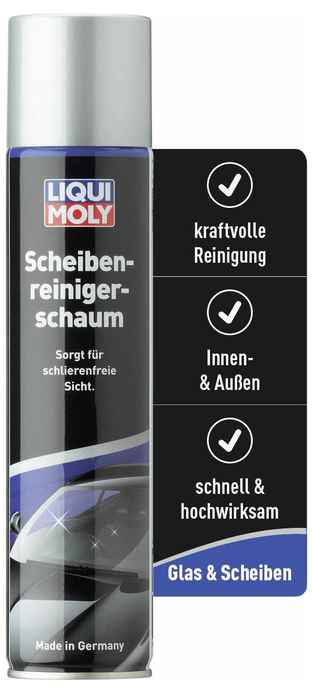 Spray Can 'Liqui Moly Windscreen Cleaning Foam'. Promises powerful cleaning, suitable for interior and exterior areas. Made in Germany.