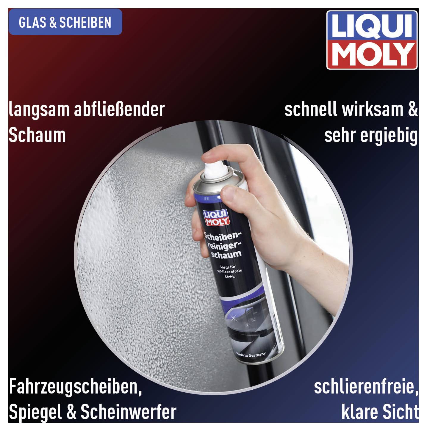 'Person sprays Liqui Moly windscreen cleaner foam onto a car window. Text emphasises slow draining, high effectiveness and clear visibility.'