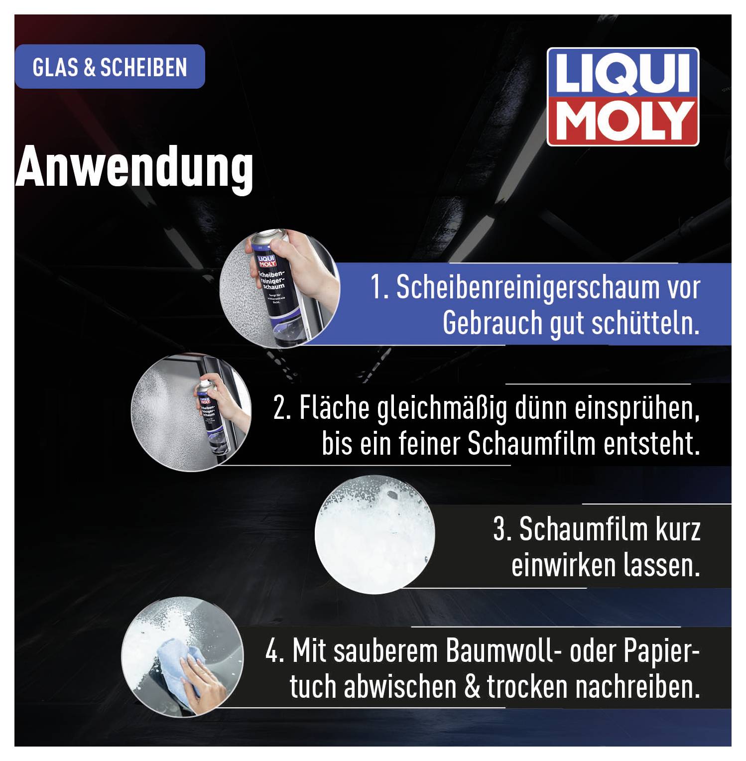 Instructions for Using Windscreen Cleaning Foam: Shake, spray thinly, allow to sit, and dry with a cotton cloth.