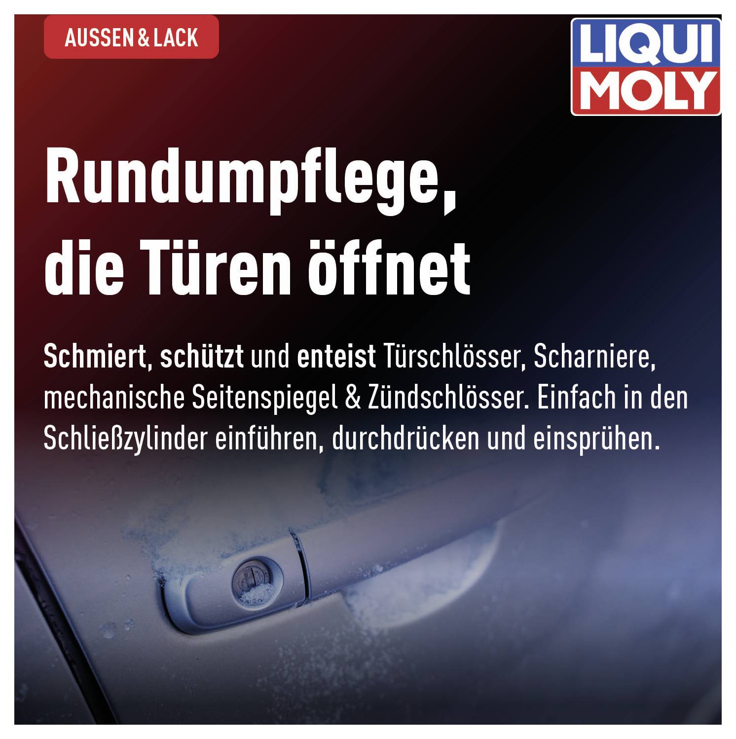 'Comprehensive Care that Opens Doors' shows a car door handle. Product offers lubrication and protection for locks and hinges.