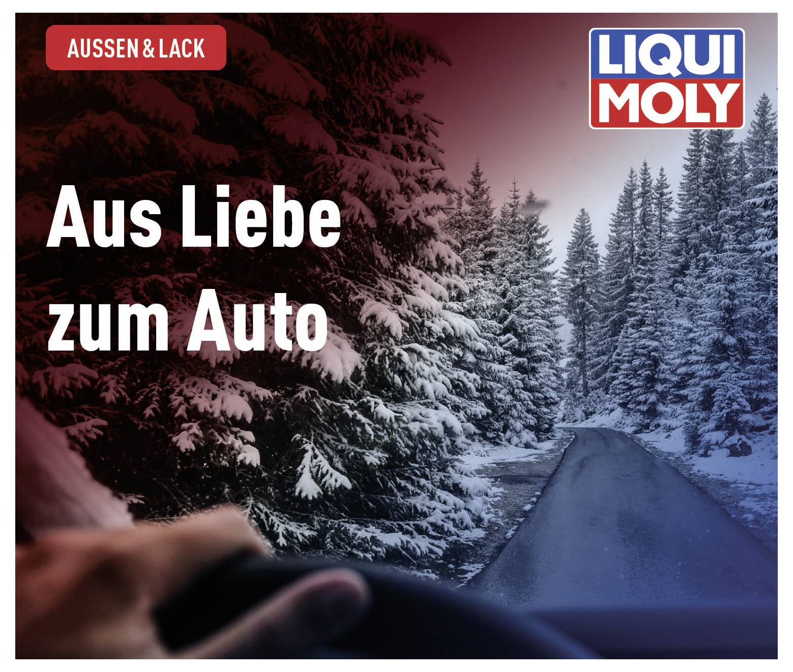 A snow-covered forest road in winter from a driver's perspective. The text 'Out of Love for the Car' is highlighted. 'Liqui Moly' is written in the top right corner.