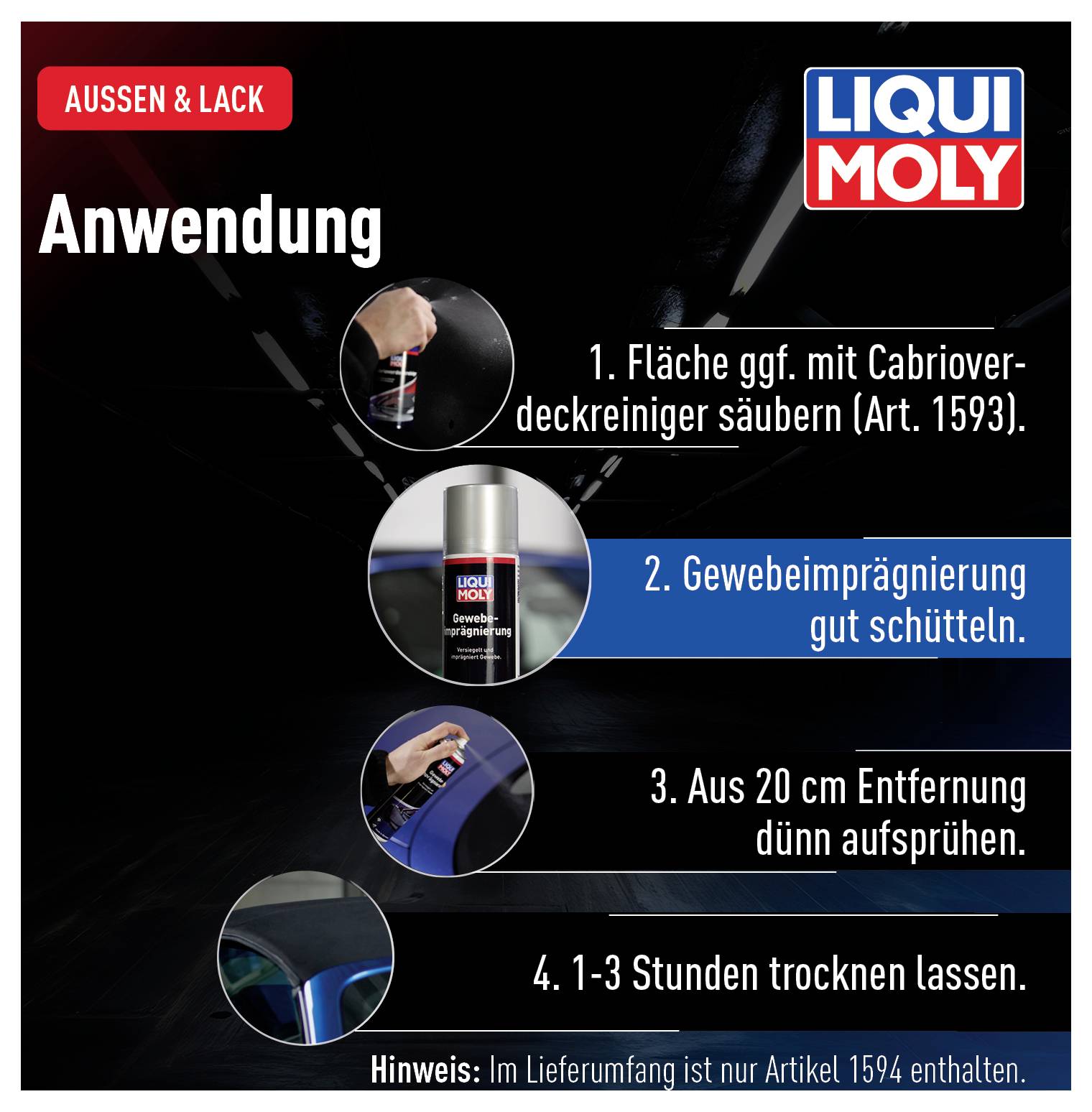 Instructions for Applying Tissue Impregnation: Clean, shake well, spray from 20 cm away, allow to dry for 1-3 hours.