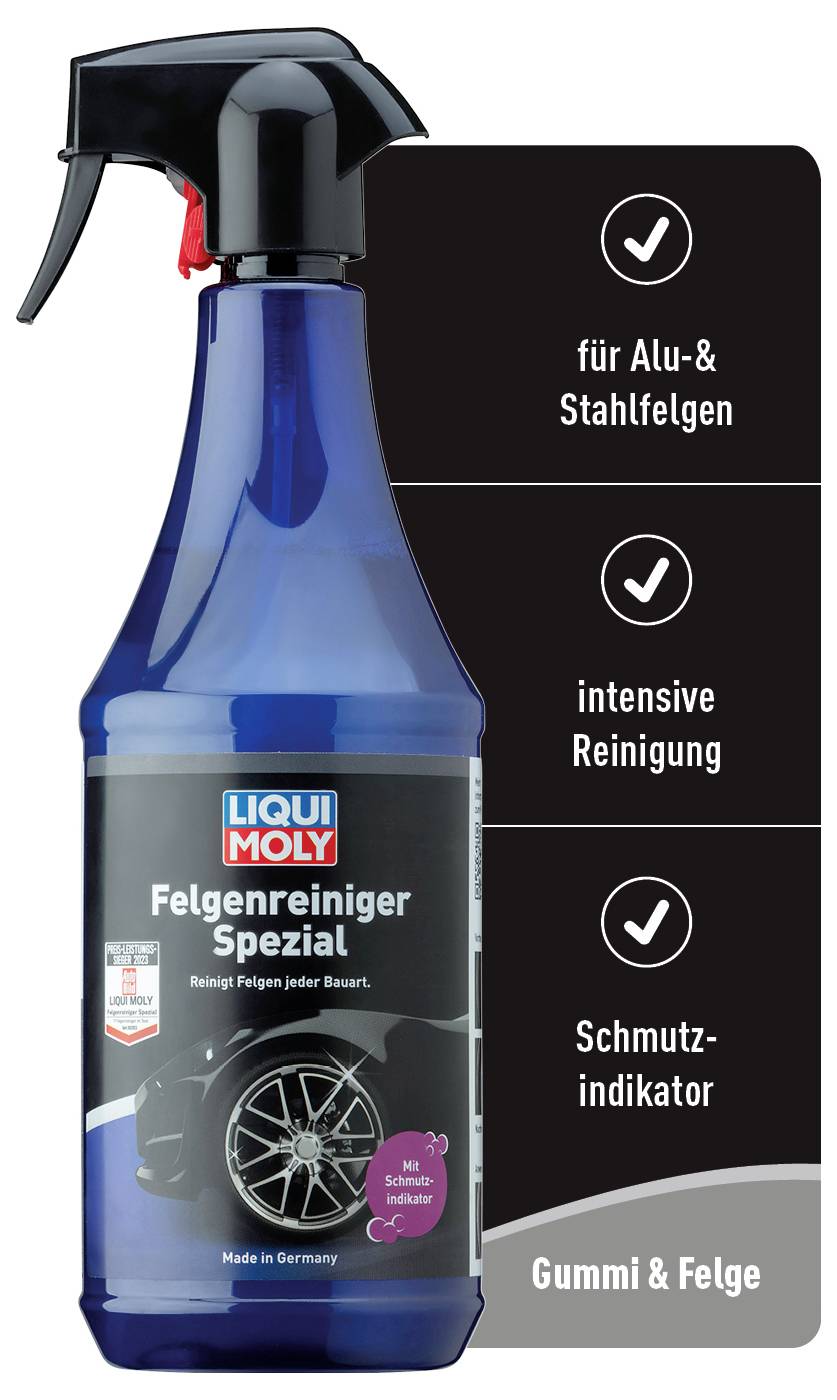 'LIQUI MOLY Wheel Cleaner Special' spray bottle next to a black information panel with three ticks. Information: For aluminium & steel rims, intensive cleaning, dirt indicator.