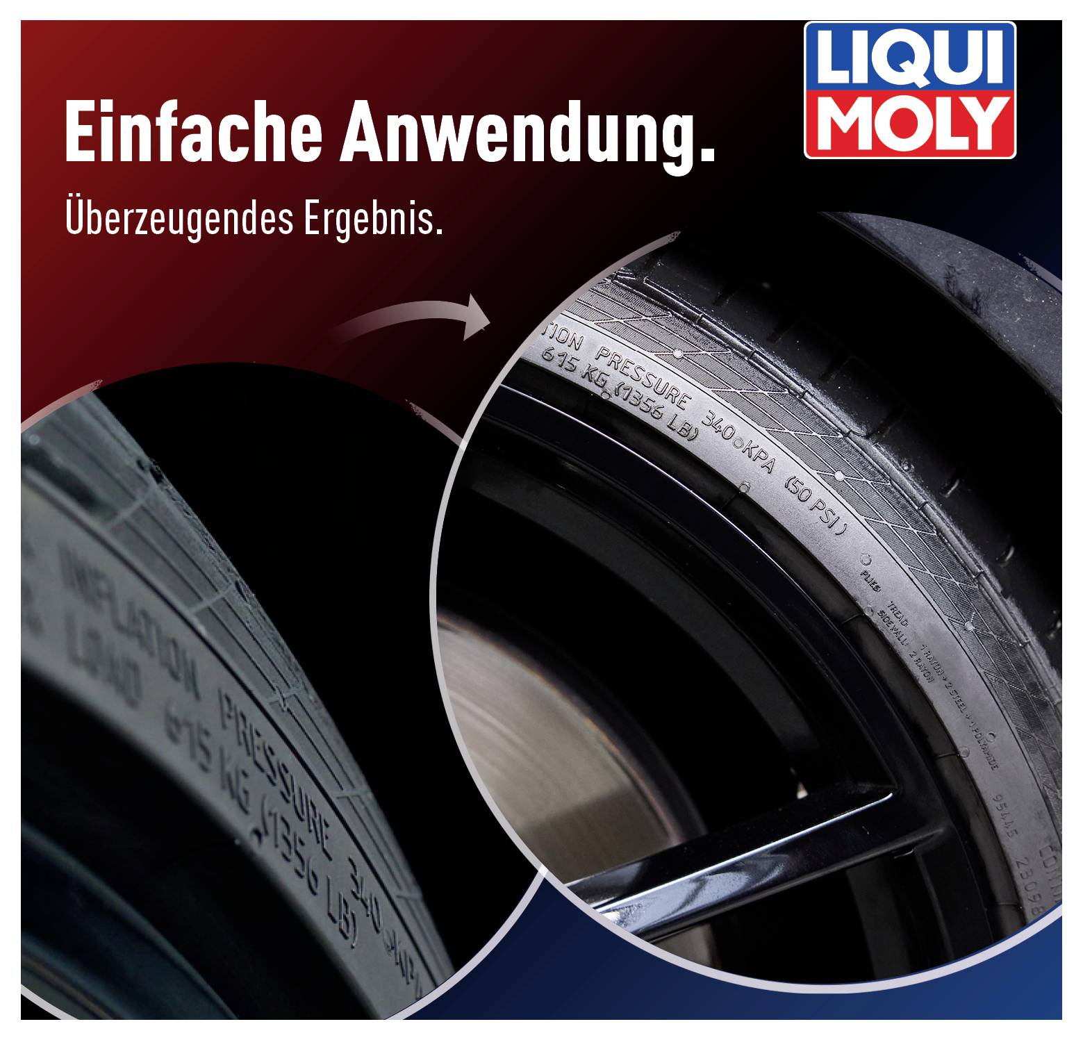 Tyres with highlighted information on recommended tyre pressure. Text: 'Simple application. Convincing result.'