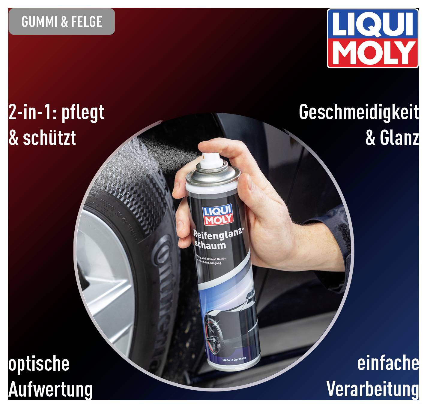 A hand is holding a LIQUI MOLY tyre shine foam spray, creating foam on a car tyre. Text: 2-in-1: nourishes & protects.