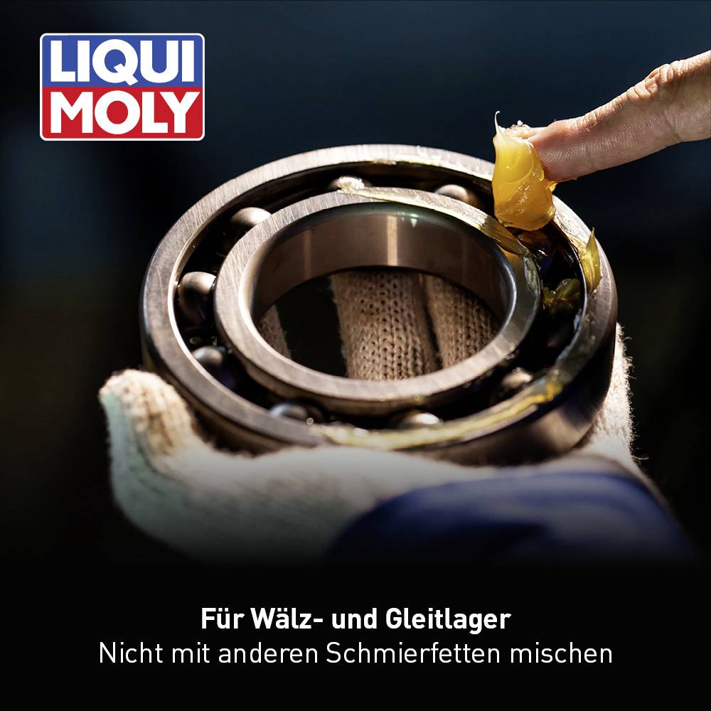 A hand applies lubricating grease to a ball bearing. Above it reads 'LIQUI MOLY'. Below it says 'For rolling and sliding bearings. Do not mix with other lubricating greases'.