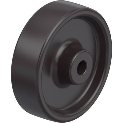 Black, round wheel with a central hole, suitable for machinery or furniture, on a white background.