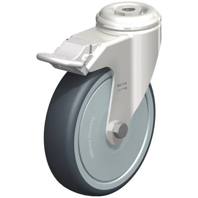 Industrial metal swivel castor with grey rubber wheel and brake, suitable for heavy loads and stable attachment to equipment.