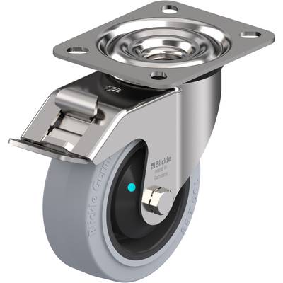 Metal wheel with grey rubber tyre and mounting plate, suitable for industrial applications. Company logo and lettering visible on the side.