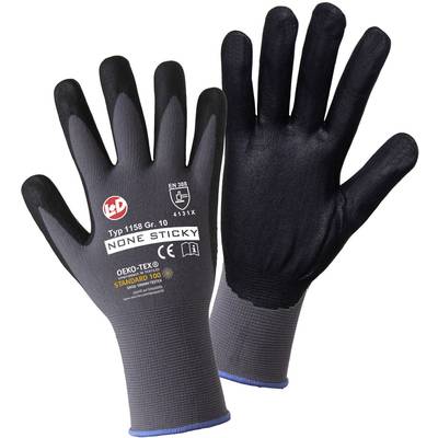 Two work gloves made from black and grey material with the print 'NONE STICKY' and various certification logos.