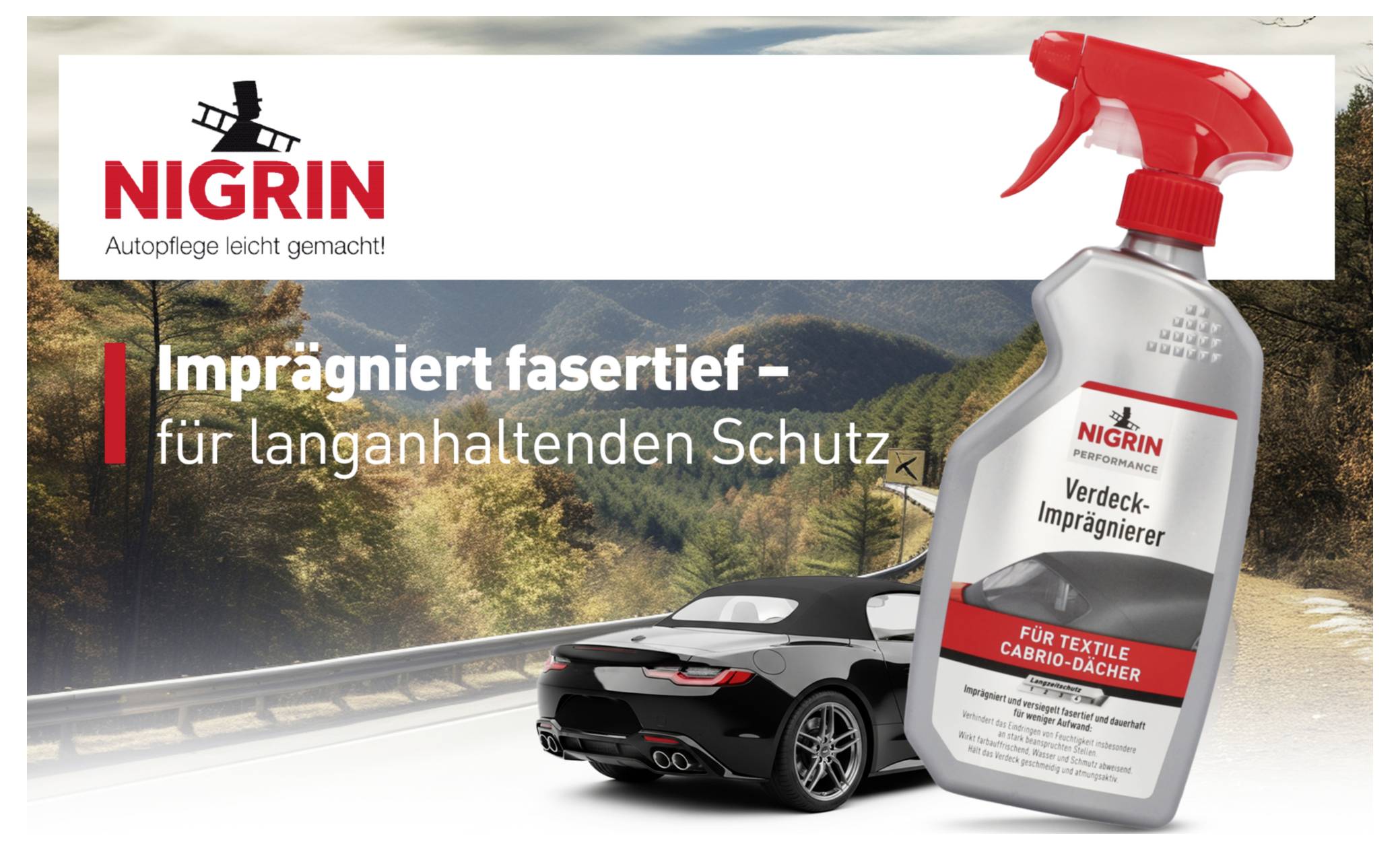 'NIGRIN Convertible Hood Protector: Penetrates fibres deeply for long-lasting protection. Suitable for textile convertible roofs.' In the background, a convertible on a road.