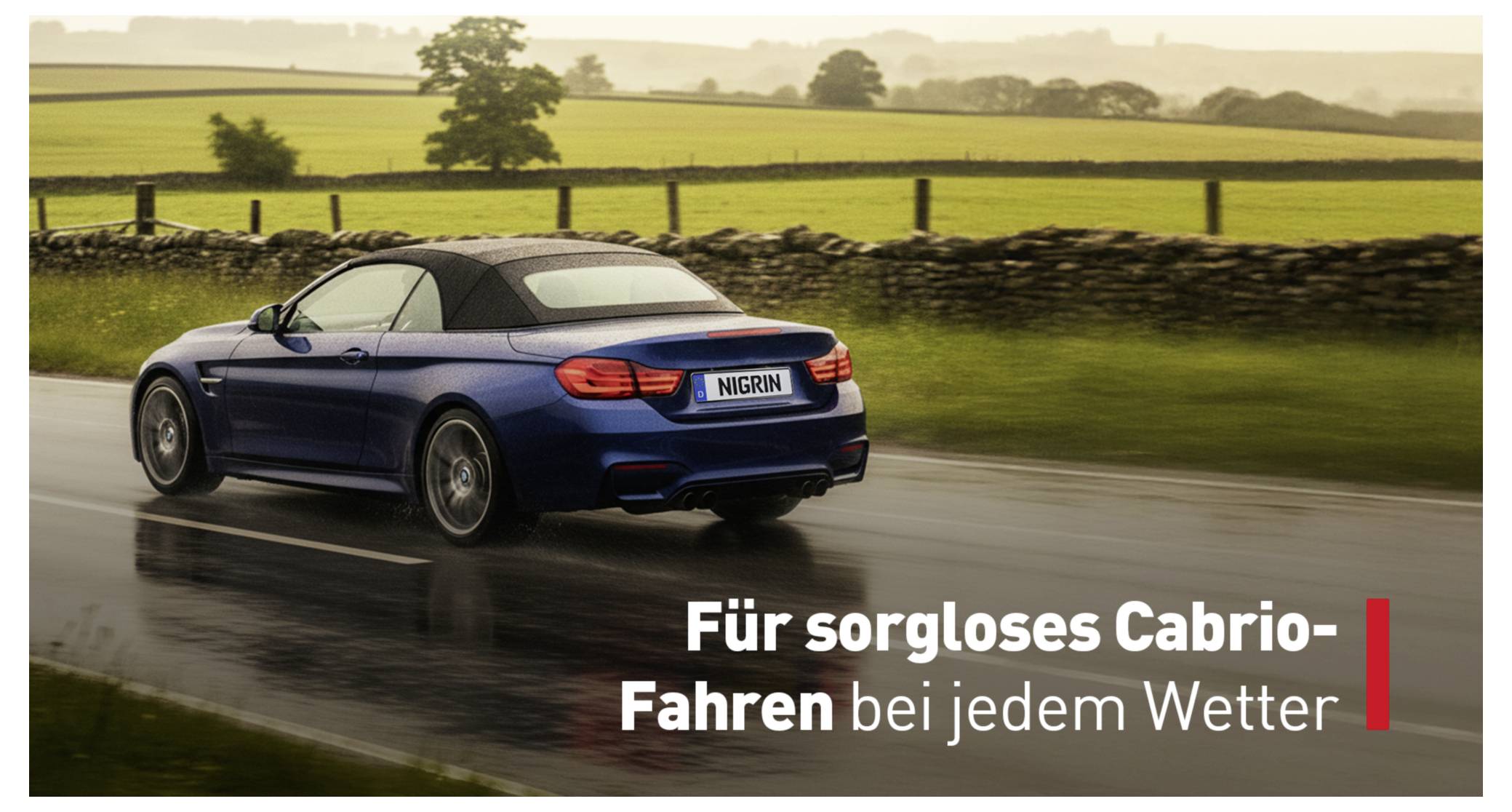 A blue convertible drives along a rain-soaked road through a rural landscape. Text: 'For carefree convertible driving in any weather'.