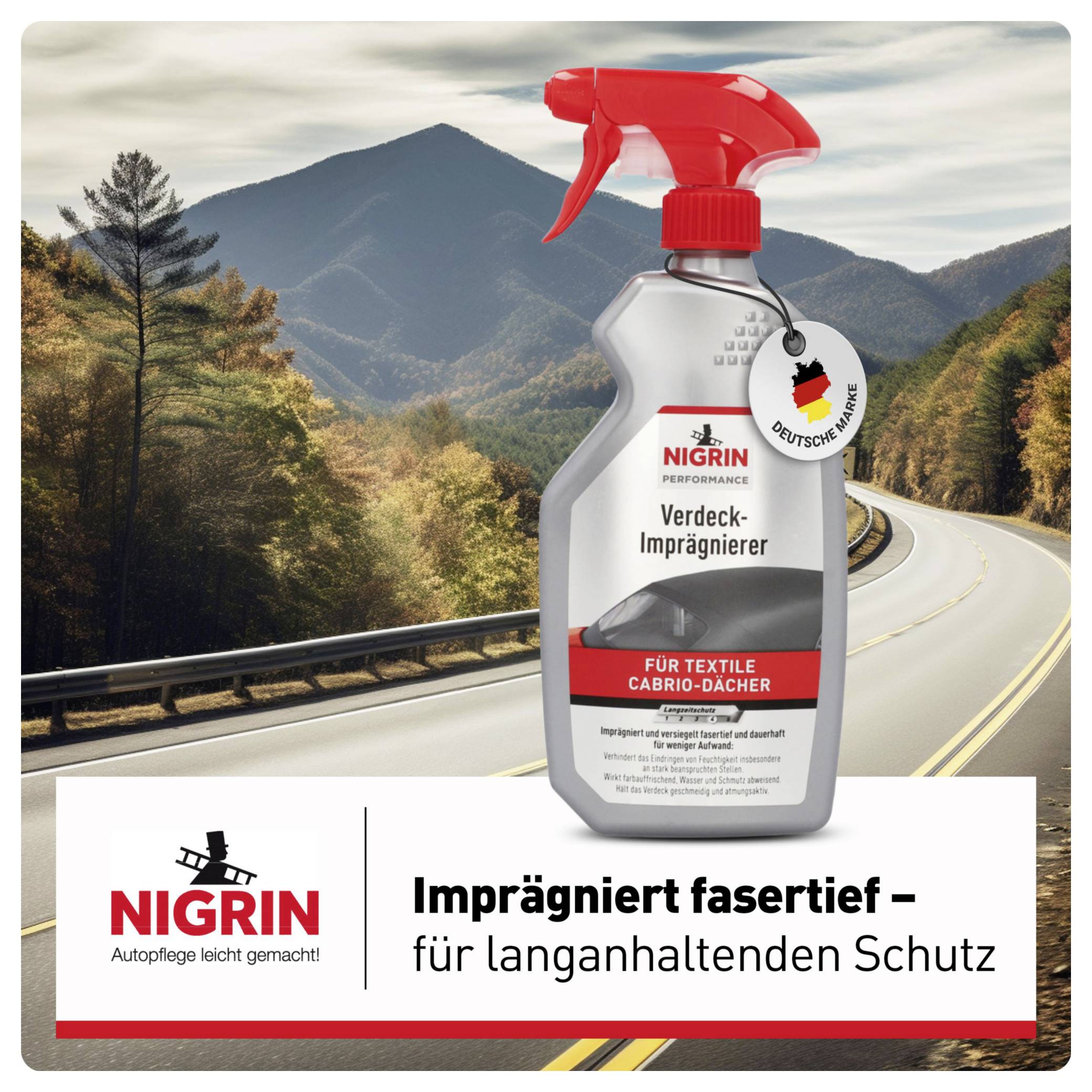 Bottle of Nigrin Convertible Hood Waterproofer on a car magazine with a mountainous landscape. Text: 'Waterproofs deep into the fibres – for long-lasting protection'.