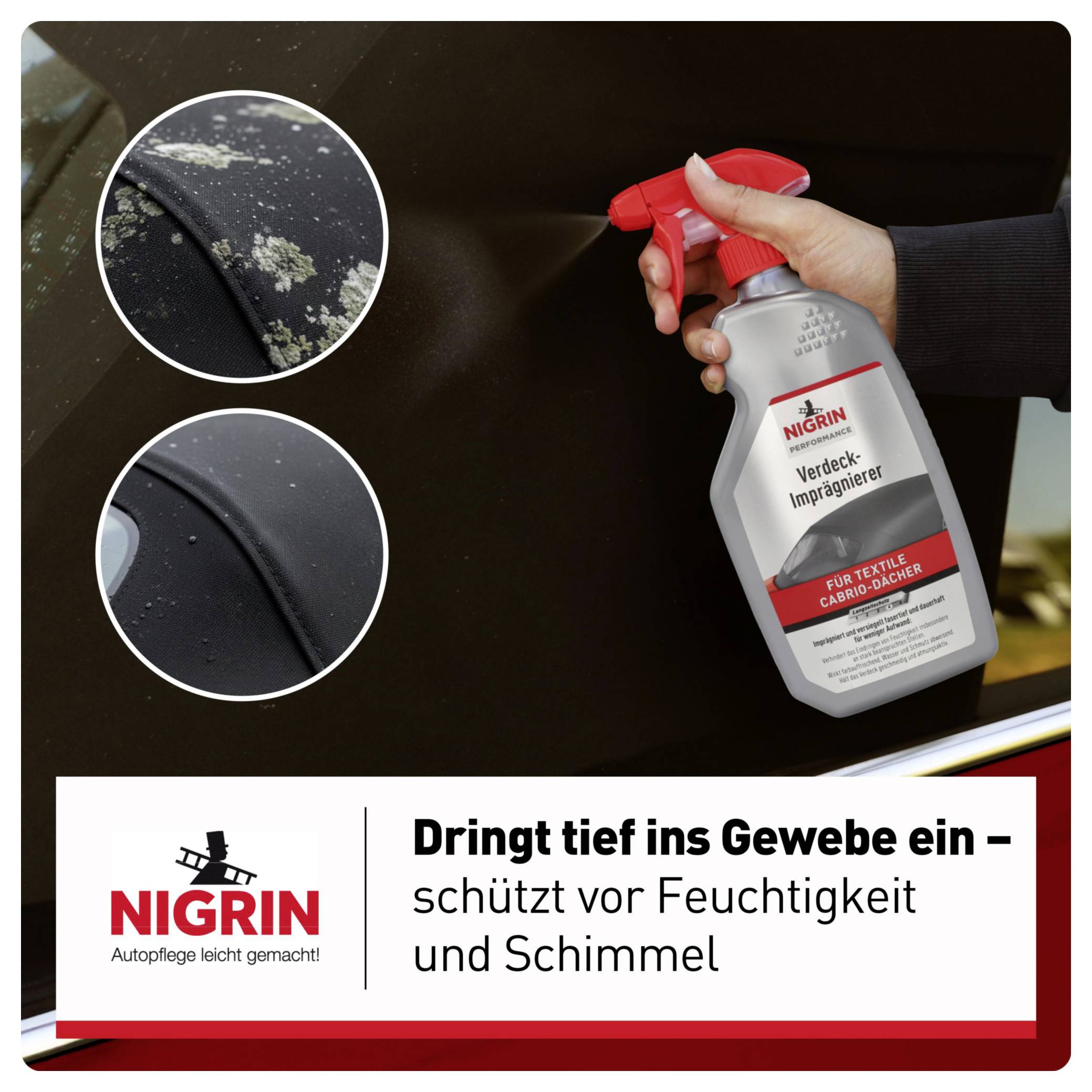 An impregnating spray is being sprayed onto a car roof. Image shows moss on a car. Text: 'Penetrates deep into the fabric – protects against moisture and mould'.