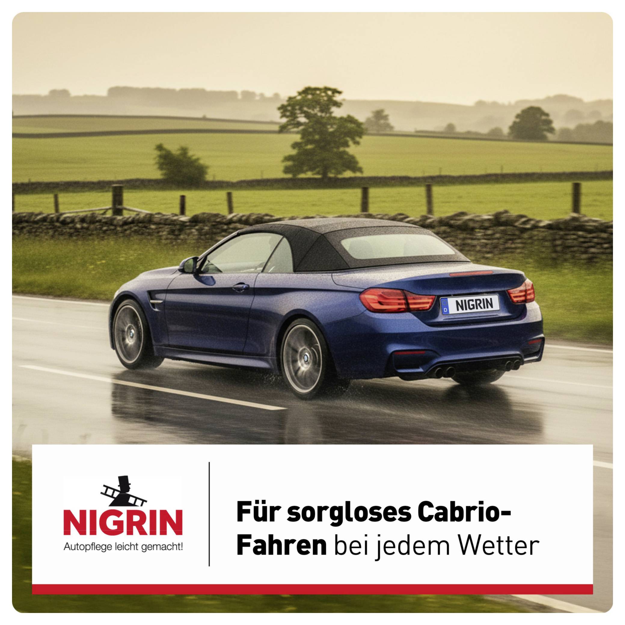 A convertible drives along a country road in the rain. Text: 'For carefree convertible driving in any weather'. Nigrin logo in bottom left.