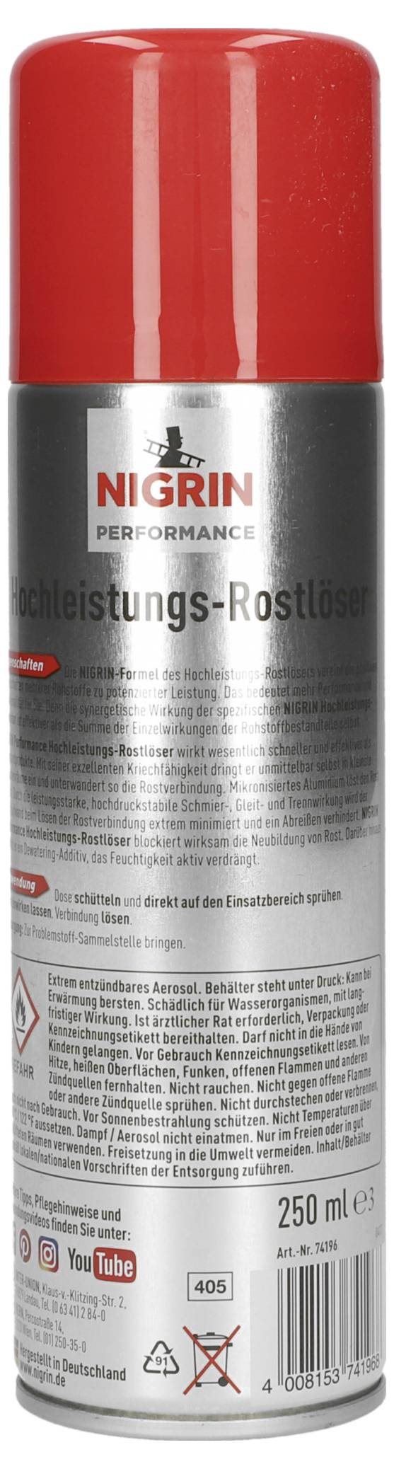 A can of Nigrin Performance High-Performance Rust Remover with a red cap. The label details product usage and safety instructions in German.