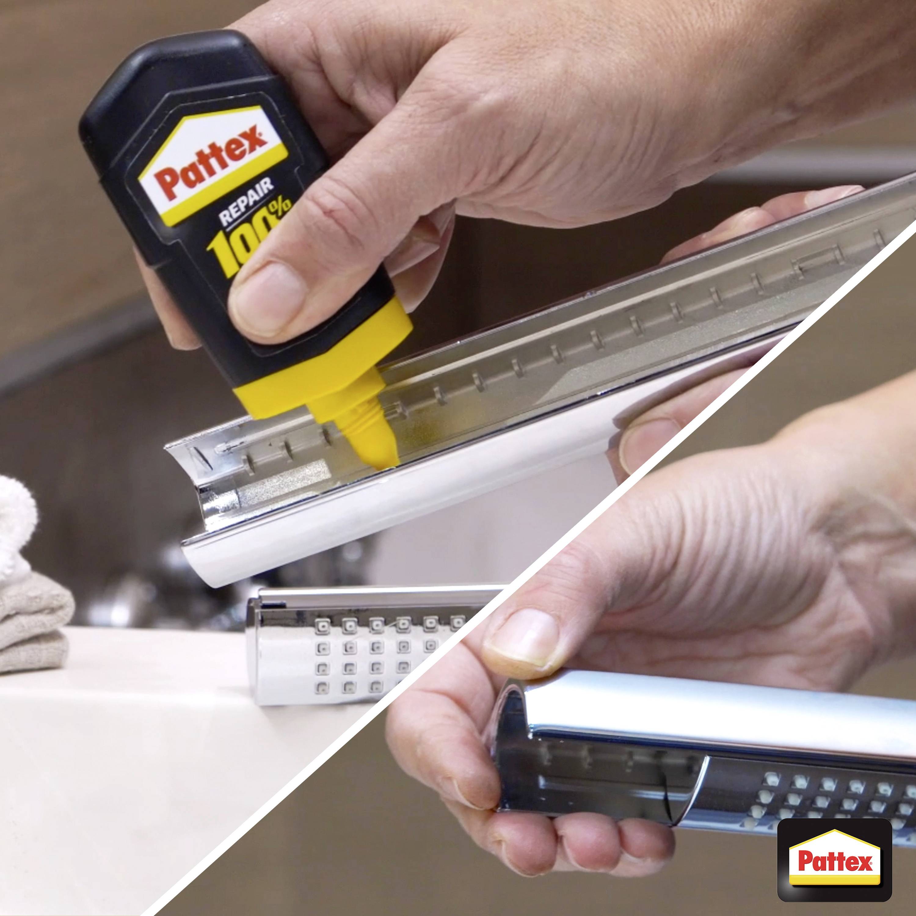 A person applies Pattex adhesive to a metal strip, fitting it onto a surface. The label on the adhesive bottle reads 'Repair 100%'.