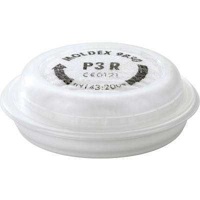 Round respiratory filter with the inscription 'Moldex 9030 P3 R CE0121 EN143:200'. Suitable for particle filtration.