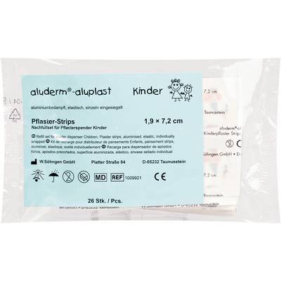 Packaged Kinder plaster strips by aluderm-aluplast, size 1.9 x 7.2 cm, 26 pieces, in a sealed medical box.