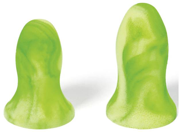 Two lime green earplugs with a swirl pattern.