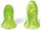 Two lime green earplugs with a swirl pattern.