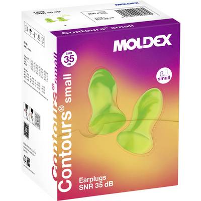 'Moldex Contours Small' earplugs box, SNR 35 dB, featuring image of green earplugs.