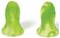Two green and yellow marbled foam earplugs with a bell shape, designed for noise reduction.