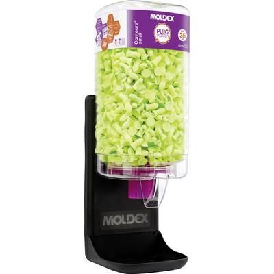 'Moldex Contours Small' earplug dispenser filled with green earplugs, offering 35-decibel noise reduction, mounted on a black stand.