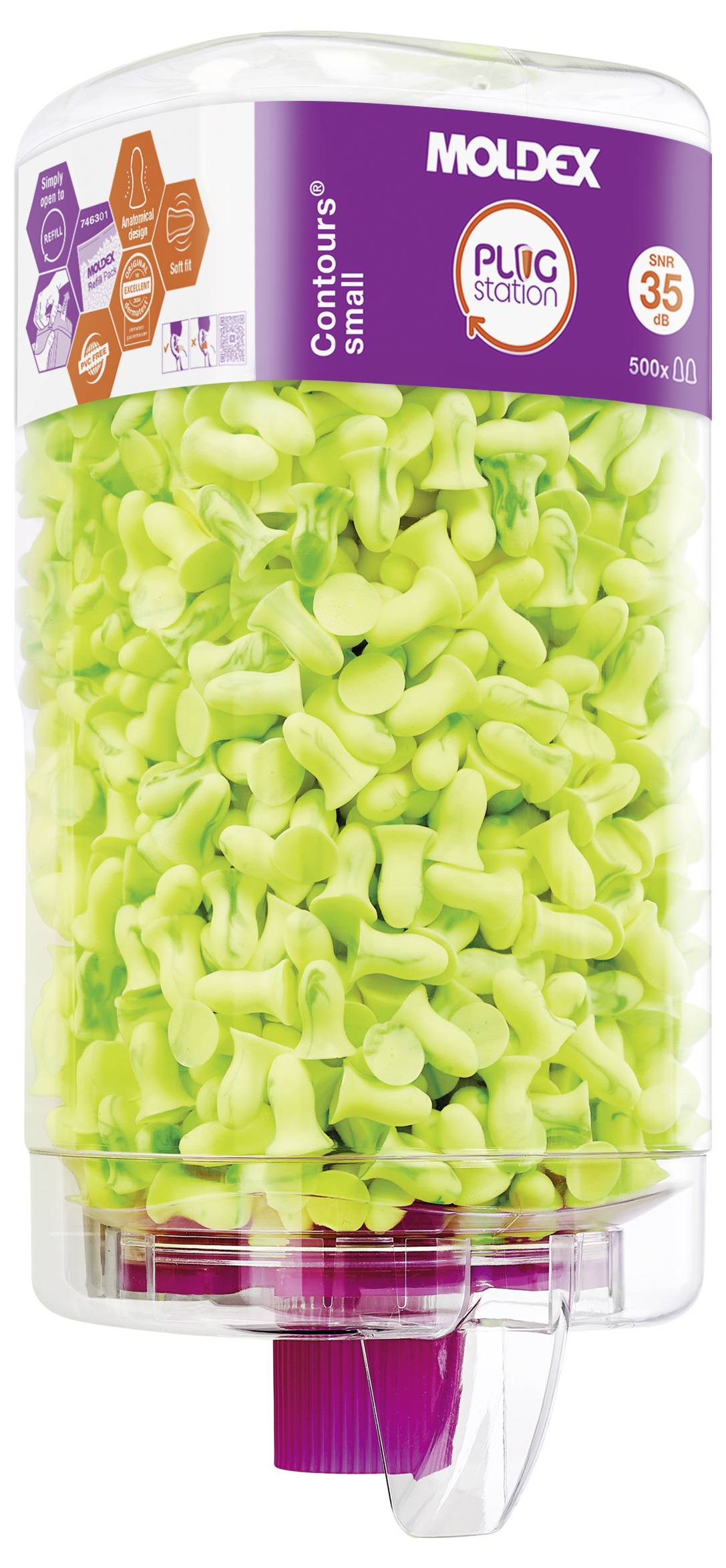 'Moldex PlugStation' earplug dispenser filled with fluorescent yellow-green foam earplugs, labeled 'Contours small' and '500 pairs'.
